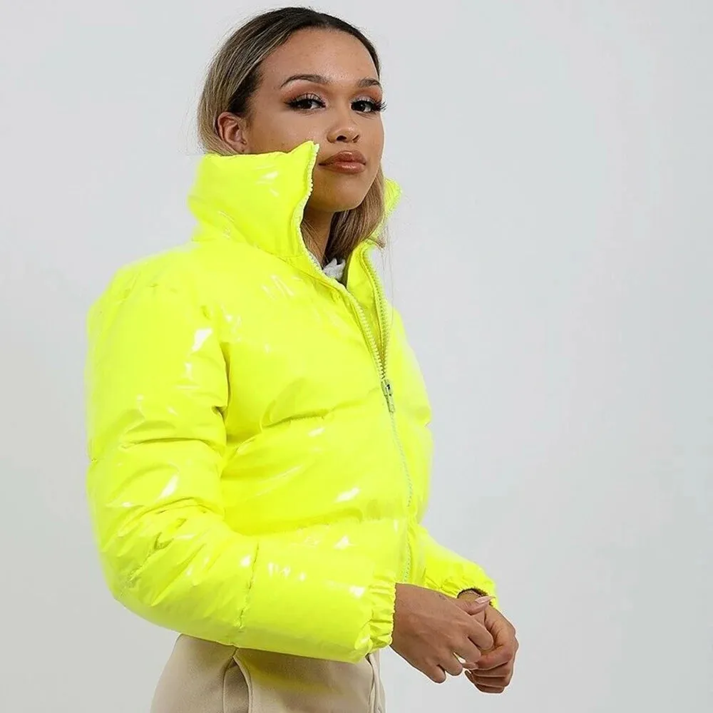 cold weather outfits Joskaa Winter Women Shiny Leather Puffer Jacket Cropped Parka Down Warm Thick Bubble Coats Black PU Leather Parkas Loose Zipper Jackets