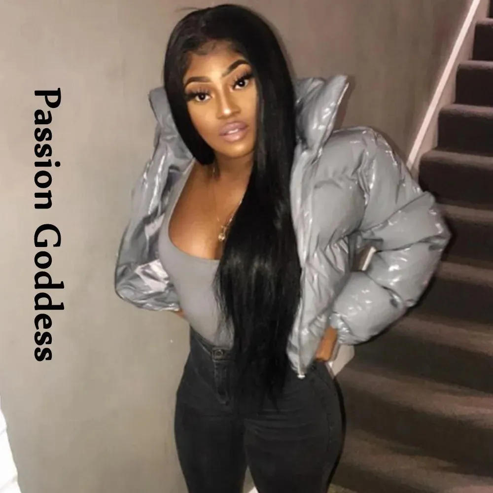 cold weather outfits Joskaa Winter Women Shiny Leather Puffer Jacket Cropped Parka Down Warm Thick Bubble Coats Black PU Leather Parkas Loose Zipper Jackets