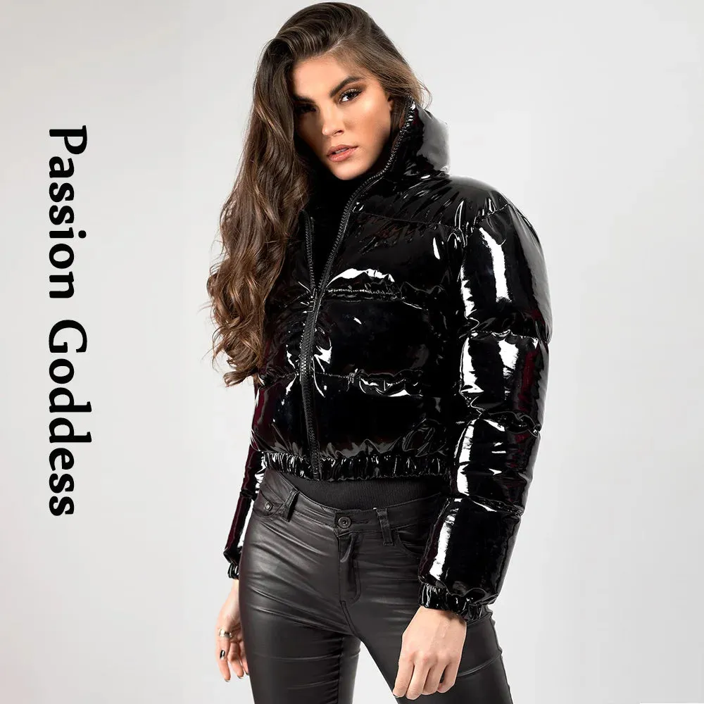cold weather outfits Joskaa Winter Women Shiny Leather Puffer Jacket Cropped Parka Down Warm Thick Bubble Coats Black PU Leather Parkas Loose Zipper Jackets