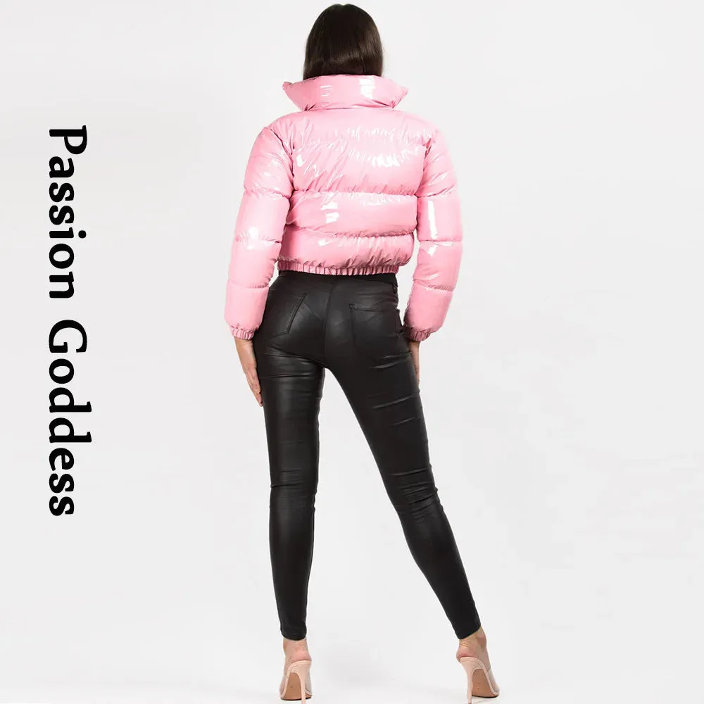 cold weather outfits Joskaa Winter Women Shiny PU Leather Jacket Cropped Parka Warm Thick Bubble Coat Pink Leather Down Parka Zipper Loose Puffly Jacket XXL