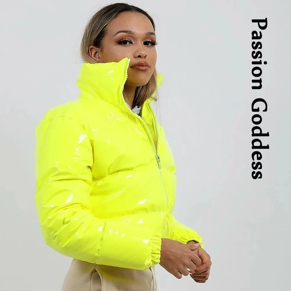 cold weather outfits Joskaa Winter Women Shiny PU Leather Jacket Cropped Parka Warm Thick Bubble Coat Pink Leather Down Parka Zipper Loose Puffly Jacket XXL