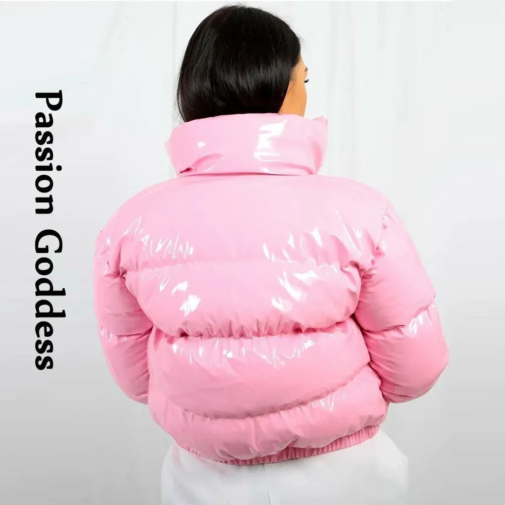cold weather outfits Joskaa Winter Women Shiny PU Leather Jacket Cropped Parka Warm Thick Bubble Coat Pink Leather Down Parka Zipper Loose Puffly Jacket XXL