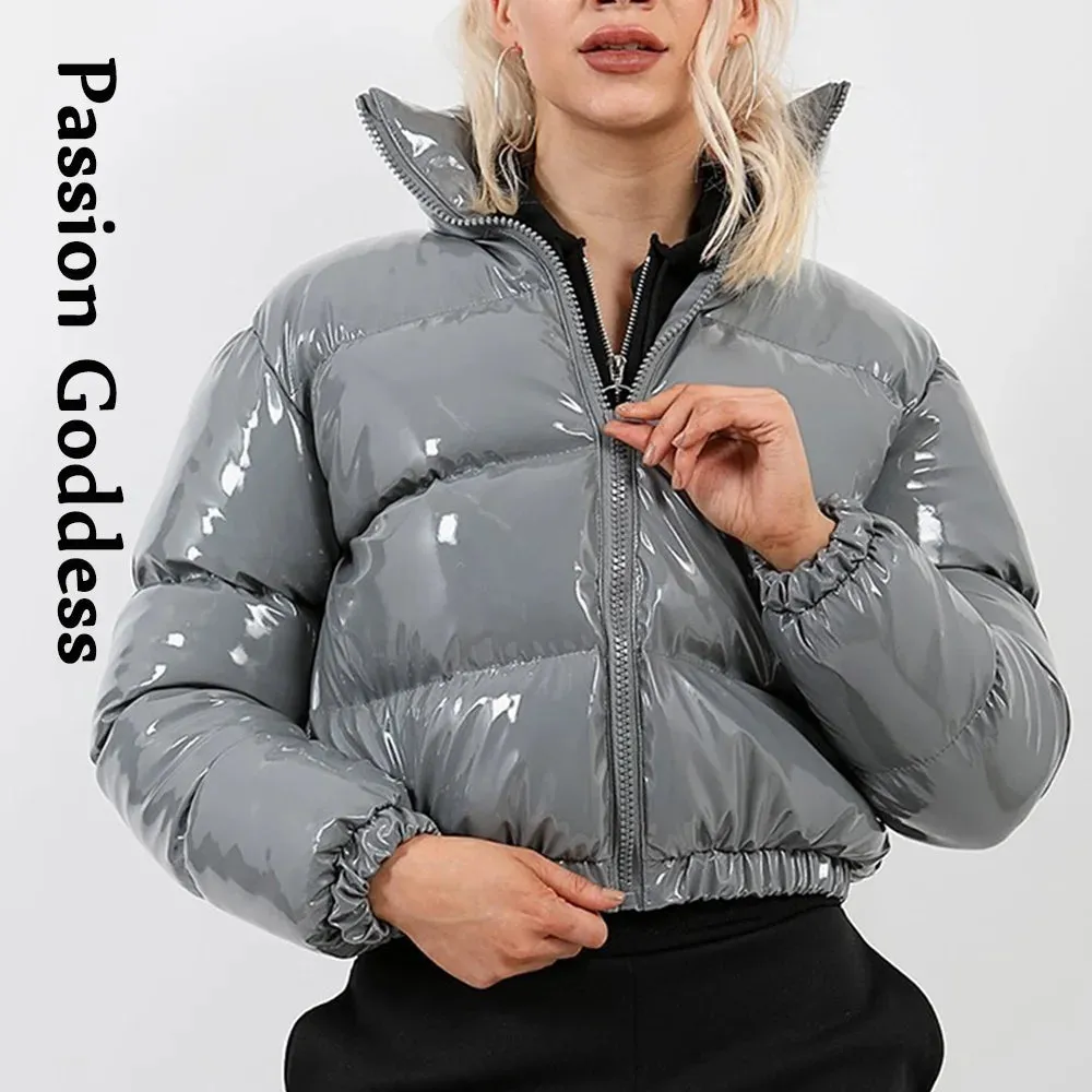 cold weather outfits Joskaa Winter Women Shiny PU Leather Jacket Cropped Parka Warm Thick Bubble Coat Pink Leather Down Parka Zipper Loose Puffly Jacket XXL