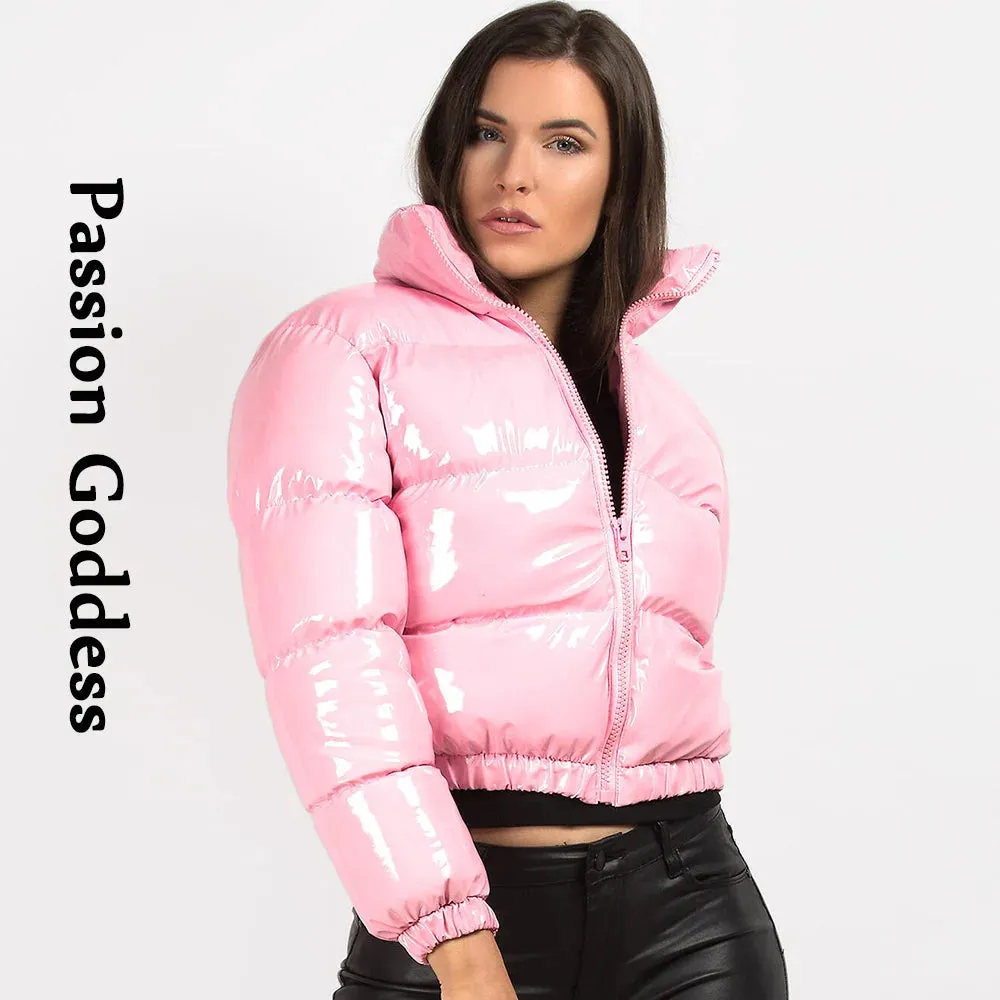 cold weather outfits Joskaa Winter Women Shiny PU Leather Jacket Cropped Parka Warm Thick Bubble Coat Pink Leather Down Parka Zipper Loose Puffly Jacket XXL