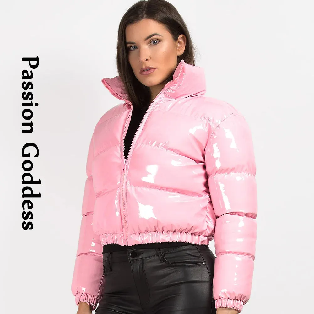 cold weather outfits Joskaa Winter Women Shiny PU Leather Jacket Cropped Parka Warm Thick Bubble Coat Pink Leather Down Parka Zipper Loose Puffly Jacket XXL