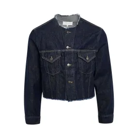 Collarless Cut-Out Denim Jacket in Indigo
