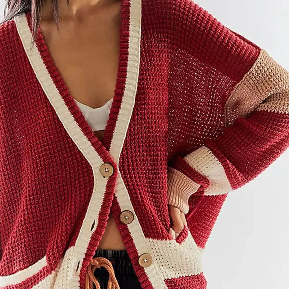 College Deep V Neck Button Up Contrast Striped Oversized Knit Cardigan