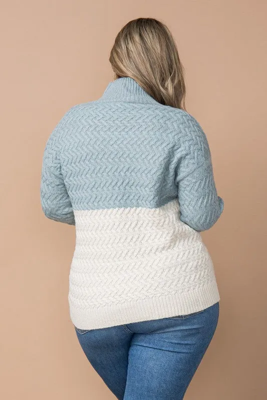 Color Block Cable Knit Mock Neck Sweater