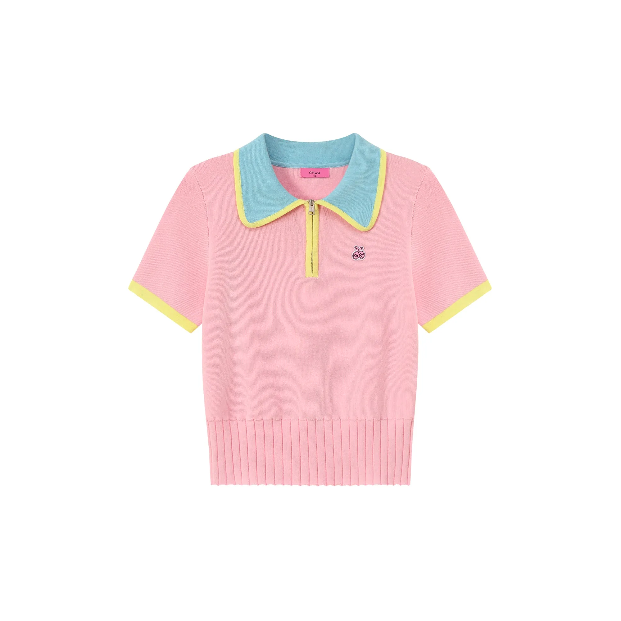 Color Contrast Half Zip Up Color Knit Top
