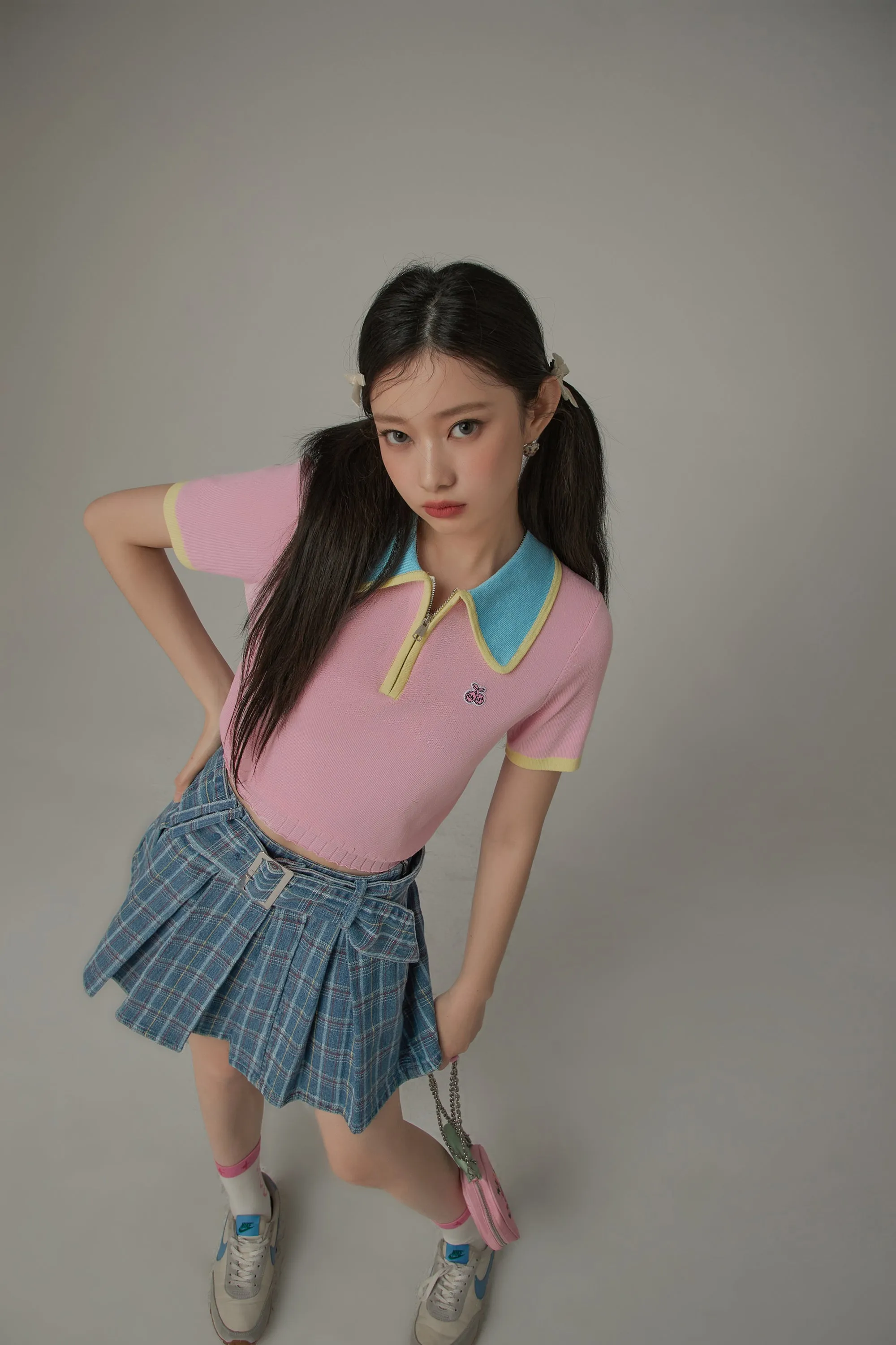 Color Contrast Half Zip Up Color Knit Top