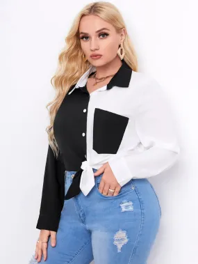Colorblock Button Front Long Sleeve Collar Regular Plus Size Blouse