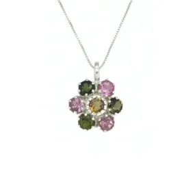 Colorful Flower Pendant - Natural Tourmaline Necklace - Vintage Floral Necklace