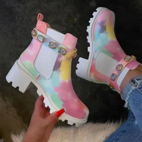 Colorful Rhinestone Watercolour Heeled Chelsea Boots