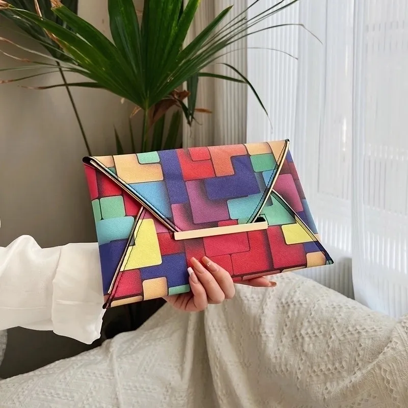 Colour Pu Leather Color Block Square Evening Bags
