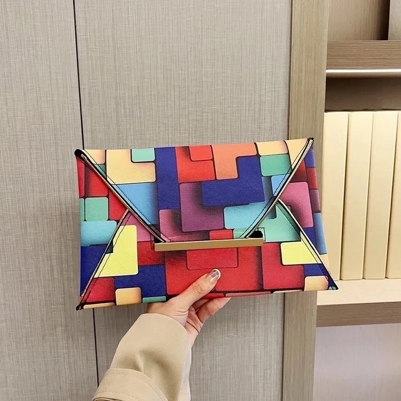 Colour Pu Leather Color Block Square Evening Bags