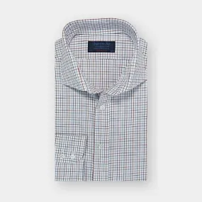 Contemporary Fit White, Red & Navy Twill Check Cotton Shirt with Cut-away Collar & Two Button Cuff