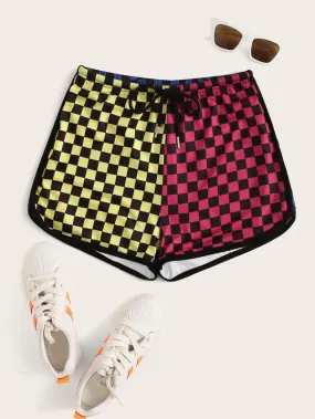 Contrast Binding Color Block Checkered Track Shorts