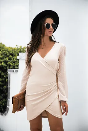 Contrast Mesh Sleeve Wrap Front Dress - 2 colors