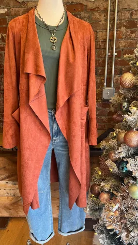 Copper Ultra Suede Long Drape Front Coat Copy