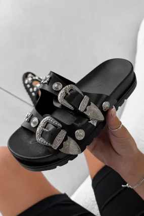CORIE Chunky Studded Western Buckle Sandals - Black
