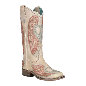 Corral Ladies Studded Bone Heart & Wing Cream Square Toe Boots  A4314