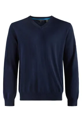 Cotton and Silk Blend Elbow Patch V-Neck Sweater in Navy by Viyella