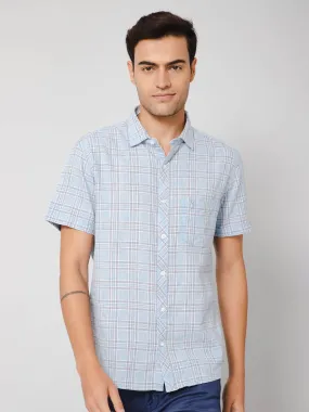 Cotton Blend Checkered Sky Blue Half Sleeve Regular Fit Casual Shirt for Men with Pocket