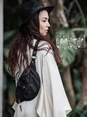 Cotton Canvas Banana Fanny Pack / Waist Bum Bag with Flower of Life Pattern / Black