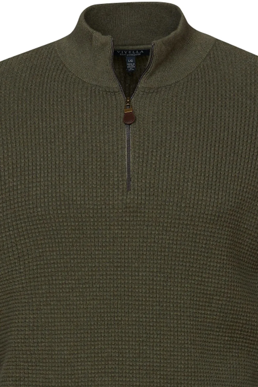Cotton Waffle-Knit Quarter-Zip Mock Neck Sweater in Green by Viyella