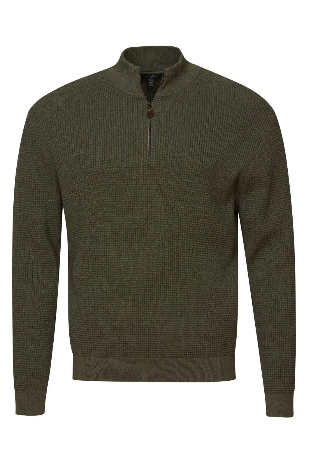 Cotton Waffle-Knit Quarter-Zip Mock Neck Sweater in Green by Viyella