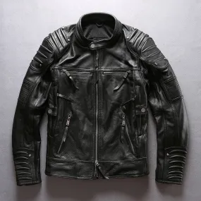 Cowhide Mandarin Collar Leather Jacket