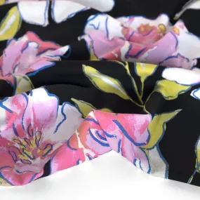 Crayon Camellias Viscose Poplin - Rose Pink/Black