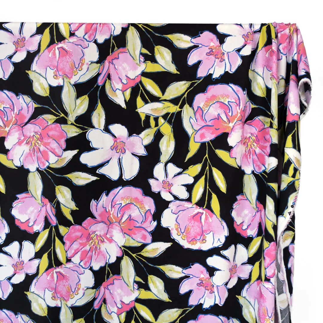 Crayon Camellias Viscose Poplin - Rose Pink/Black