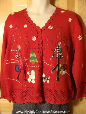 Crazy Dog Lady Alert! Tacky Ugly Christmas Sweater with Fancy Ladies Walking Fancy Dogs in the City, Doing Their Holiday Shopping  (f740)
