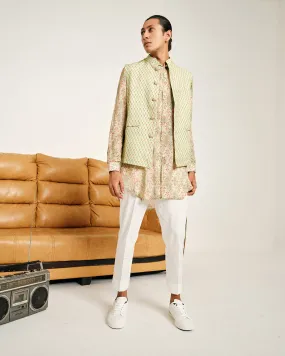 Cream and Green Gul Malai Cotton Kurta Pajama Set