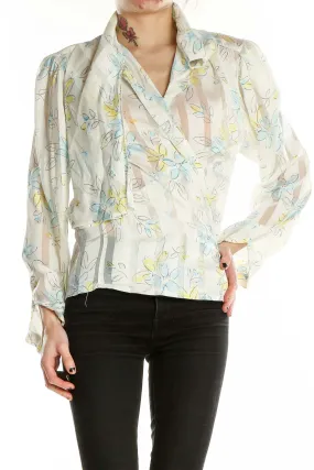 Cream Floral Sheer Wrap Blouse