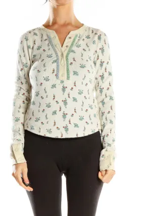 Cream Floral Waffle Knit Henley Top
