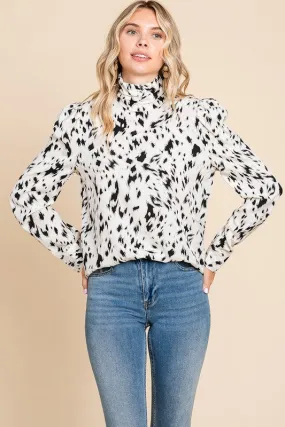 Cream Leopard Print Long Sleeve Cowl Neck Shirts Blouses