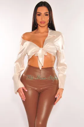Cream Satin Off The Shoulder Collared Tie Up Long Sleeve Top