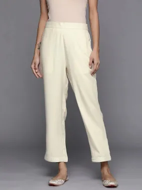Cream Solid Pashmina Wool Trousers