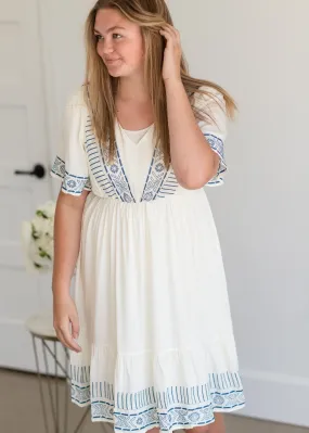 Cream V-Neck Embroidered Dress - FINAL SALE