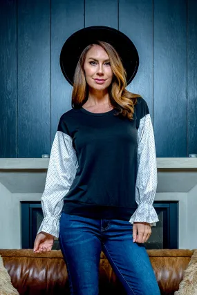 Crew Neck Sweatshirt with Contrast White & Black Polka Dot Long Sleeve and Bell Cuff (701381)