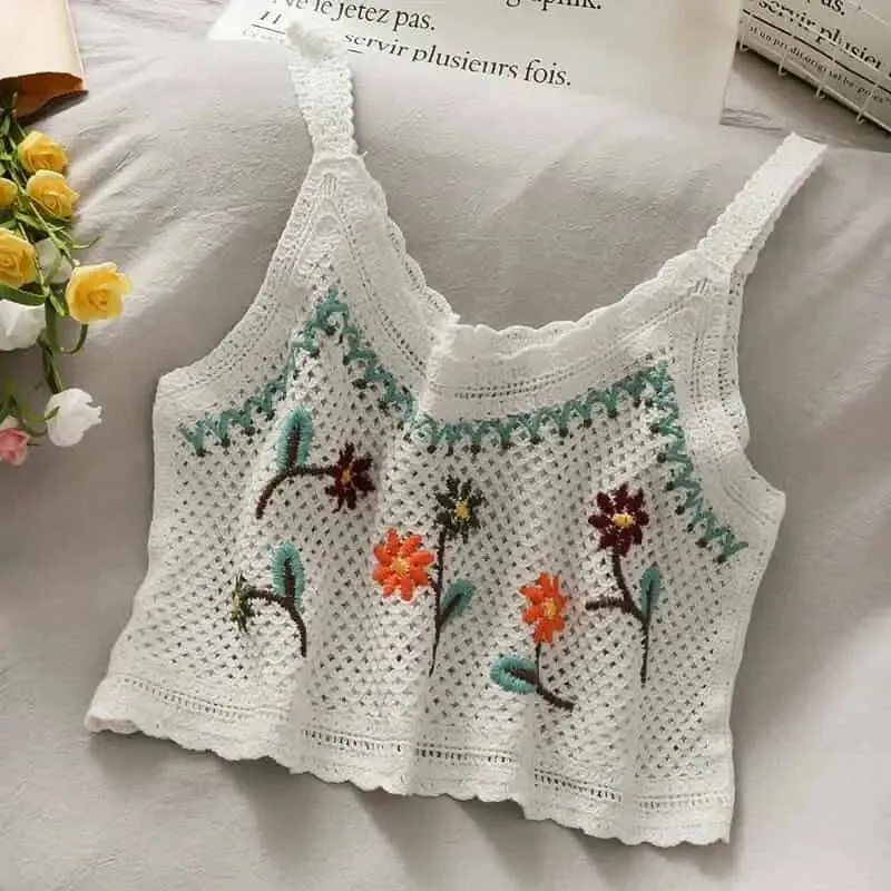 Crochet Floral Print Openwork Crop Tops