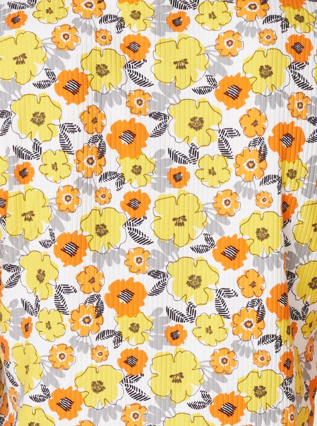 Crop Rib Knit Short Sleeve Tops with Matching Scrunchie - Yellow, Orange Floral