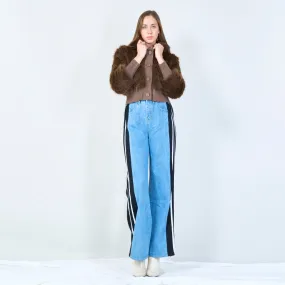Cropped faux fur jacket with ribbed knit details wholesale
