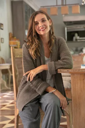 Cross Stitch in Dark Taupe Knit Cotton Cardigan in Dark Taupe from Thailand