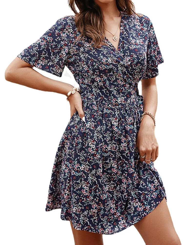 Cross Wrap Floral Print Bandage Short Sleeve Dress