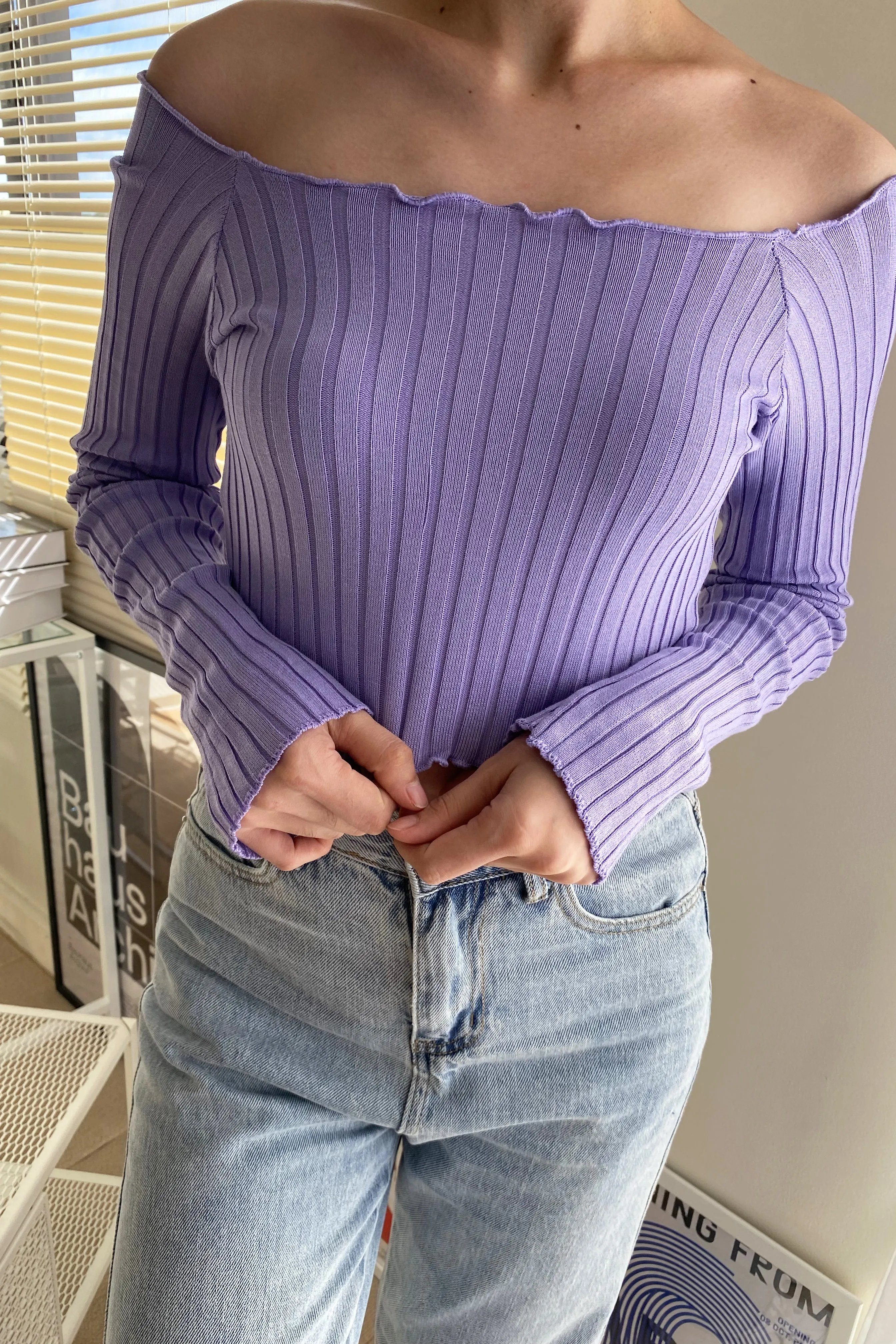 Crush On You Basic Ribbed Bardot Top -  Lilac