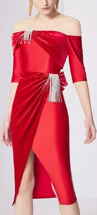Crystal-Embellished Off-the-Shoulder Evening Dress