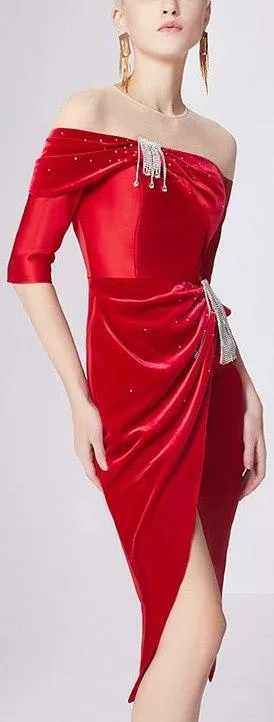 Crystal-Embellished Off-the-Shoulder Evening Dress